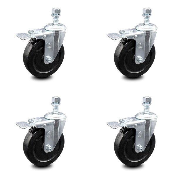 5 Inch Hard Rubber Swivel 1/2 Inch Threaded Stem Caster Set with Total Lock Brake
